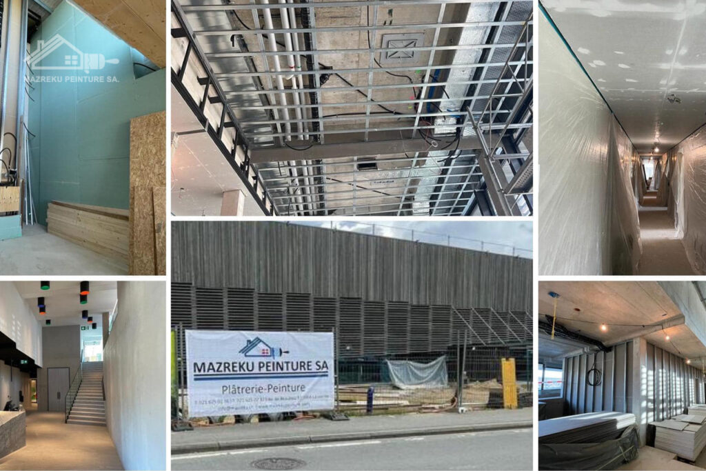 Collage de photos de chantier : ossature, plafond, couloir